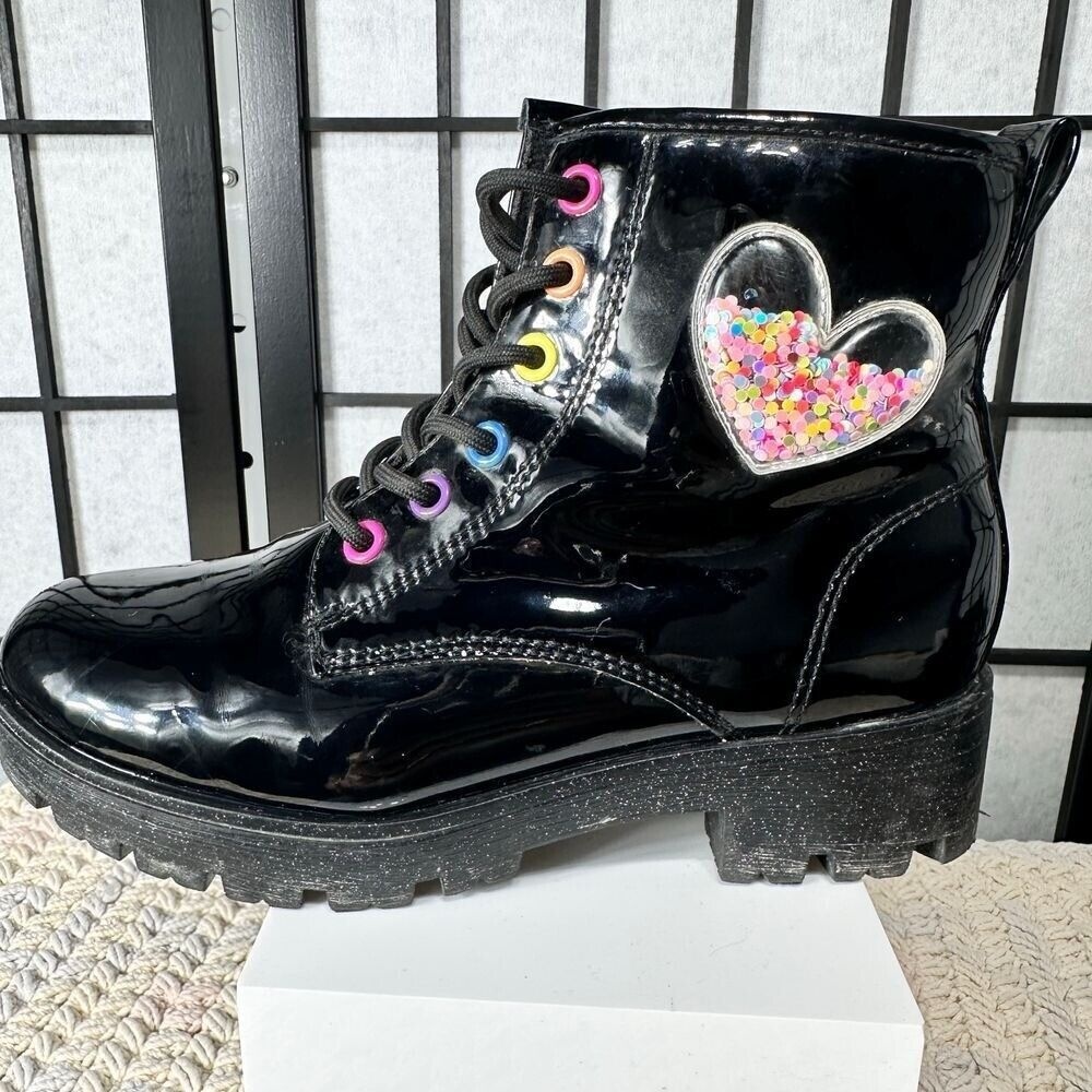 Jellypop Big Girls Size‎ 3M Rainbow Heart Patent Combat Boots Chunky Platform